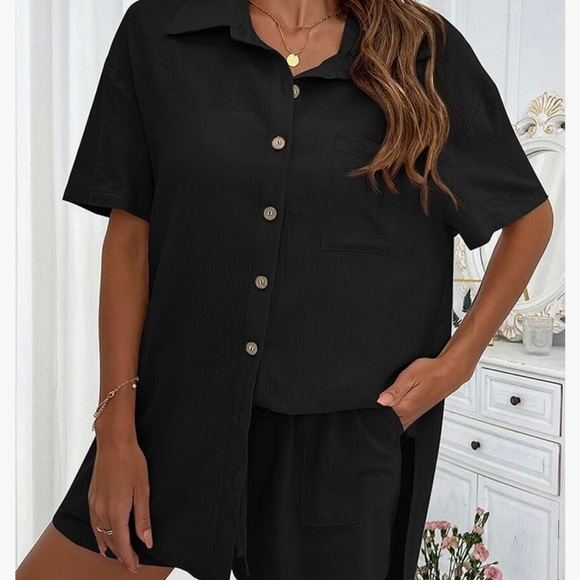 Black cotton lounge shirt and shorts set - Picture 2 of 4
